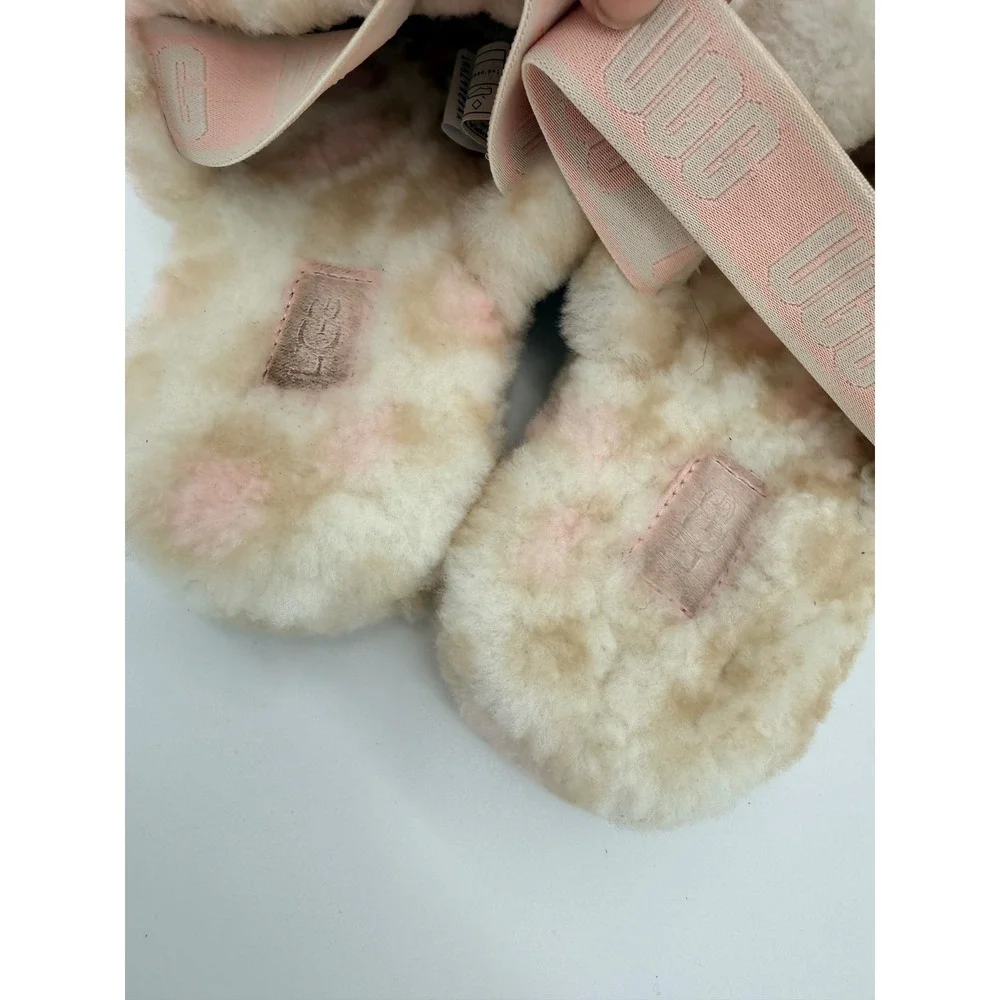 UGG Kids Fluff Yeah Leopard Tan Pink‎ Sheepskin Slide Sandals Size 5Y
